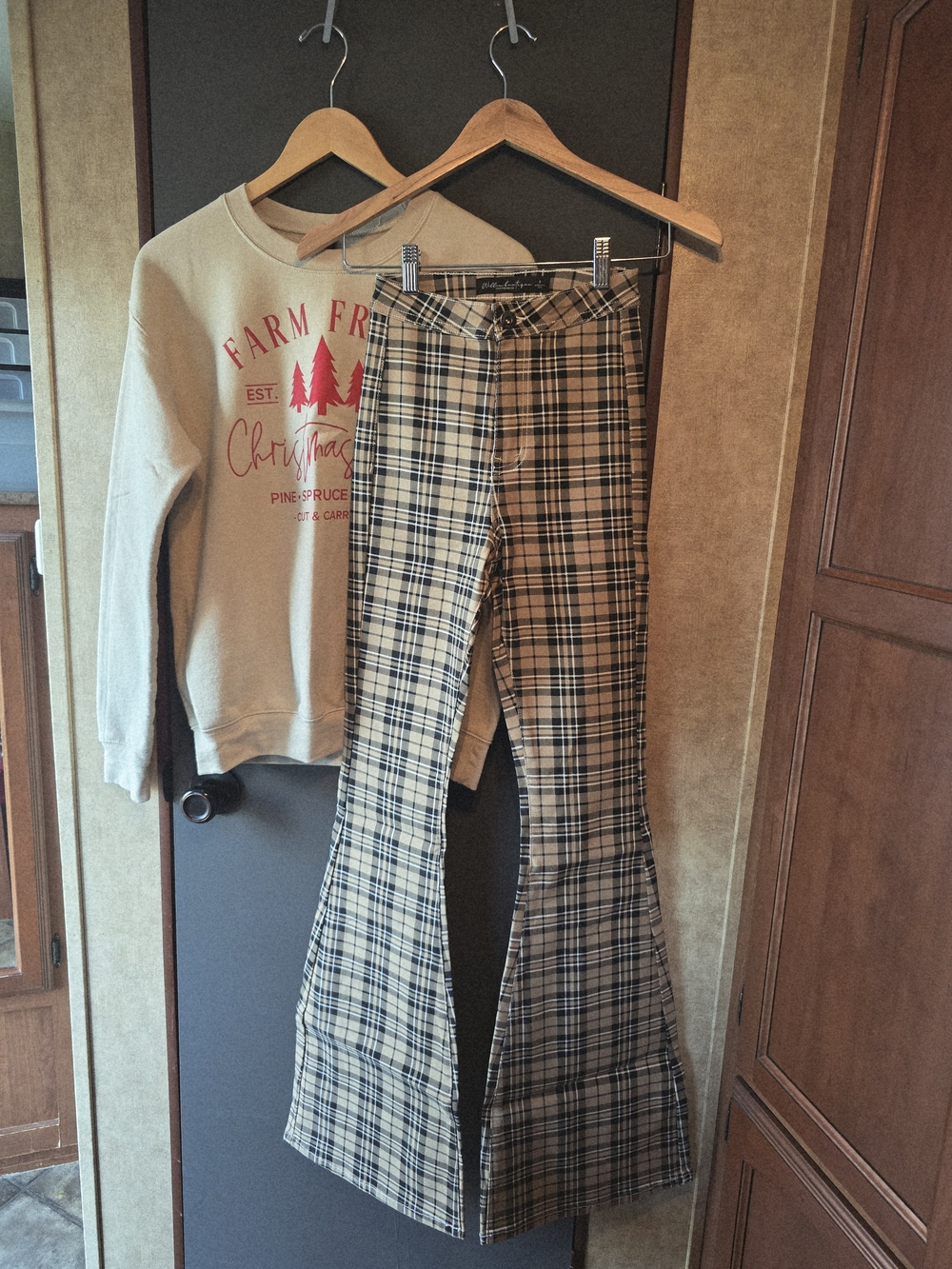 Plaid Flared Pants in Beige and Black And tan Xmas Sweater- Women